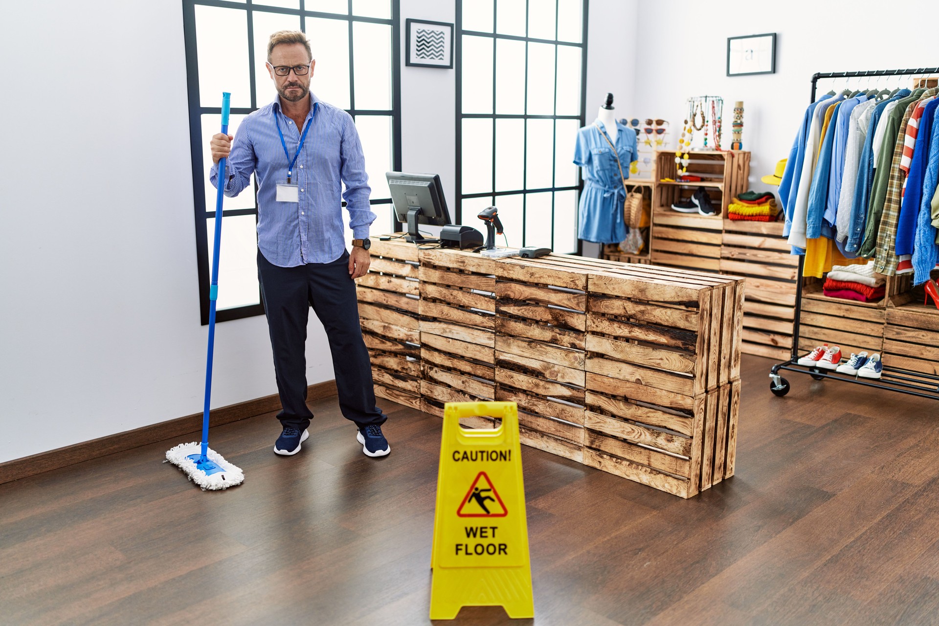 Middle age man working at retail boutique cleaning the floor thinking attitude and sober expression looking self confident